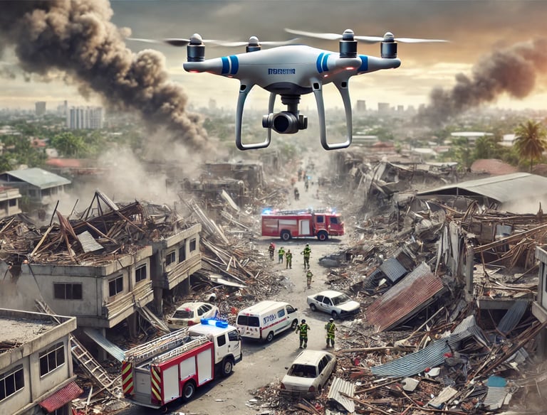 A realistic drone flies over a disaster zone, capturing aerial footage of a devastated urban area.