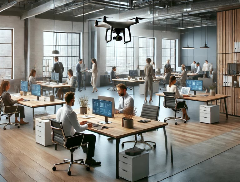 A busy modern open-plan office with professionals working at desks equipped with large monitors.