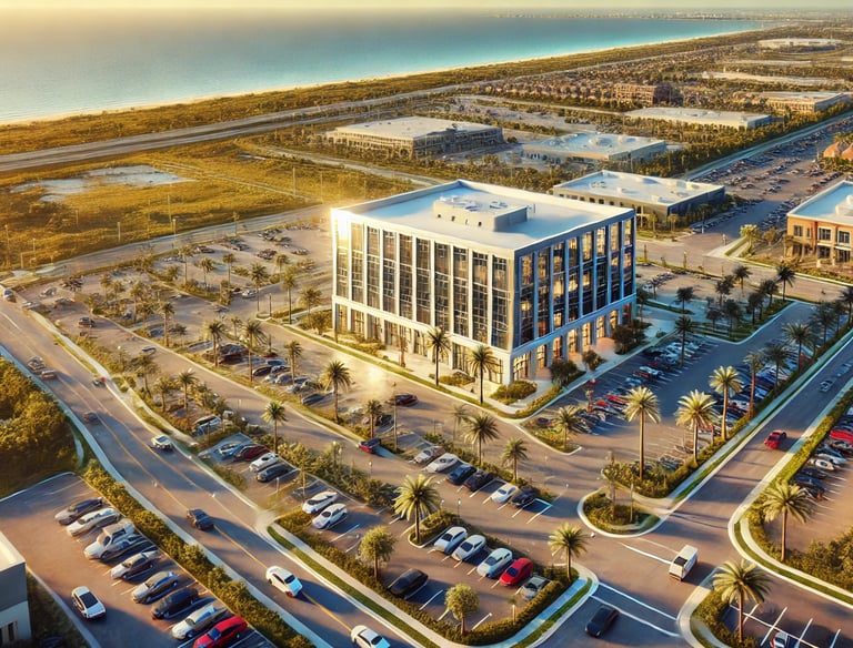 Aerial view of a modern coastal business district during sunset.