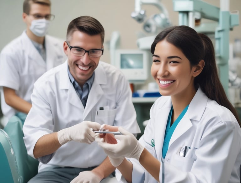 A dental model displaying a set of artificial teeth, with gum-colored material illustrating the mouth structure.