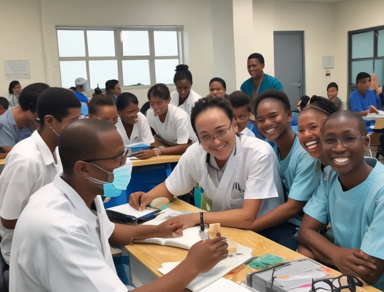 A close-up view of a dental model featuring a full set of artificial teeth with realistic white coloration. The gums exhibit a pink hue, and the teeth are aligned on a display mold against a dark backdrop.