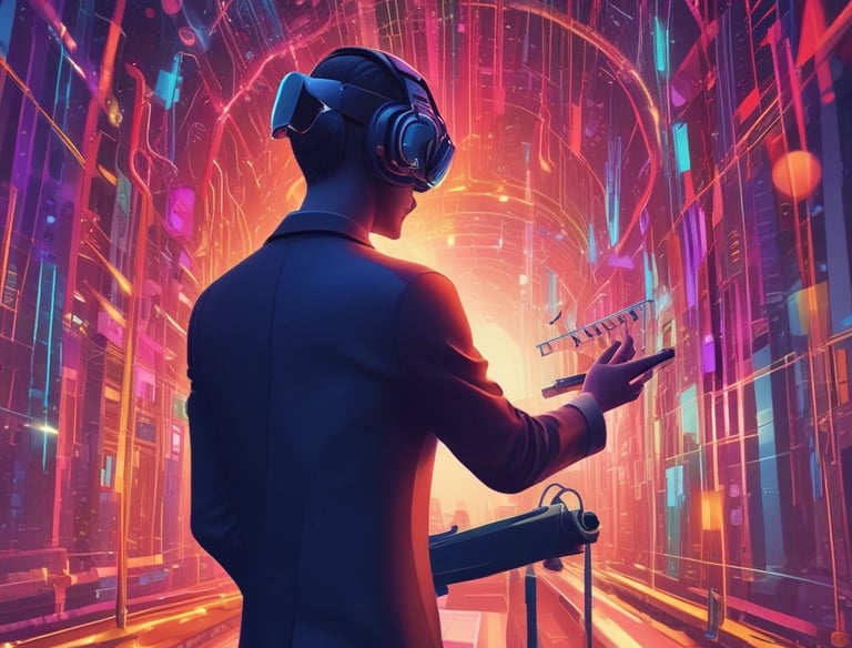 a man riding a skateboard down a street next to tall buildings