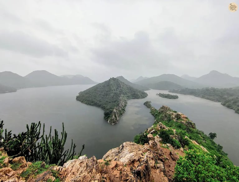 View of Aravalli hills and Badi Lake from Bahubali Hills, Udaipur.