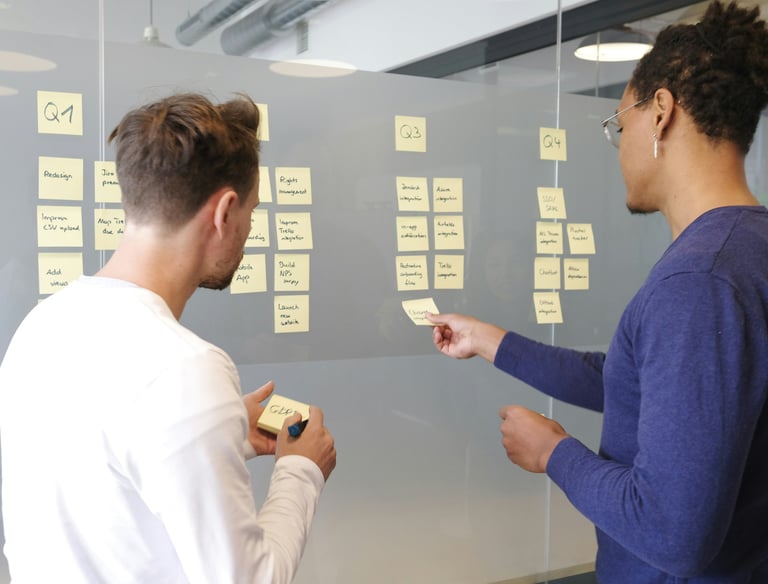two people organizing their tasks with 3M sticky notes on a wall