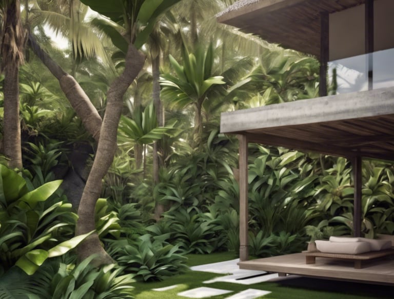 A small landscaped garden with neatly arranged stepping stones on a lush green lawn. Tall palm trees are scattered, providing shade and adding a tropical feel. The area is enclosed with black iron railings and a beige wall. In the background, distant hills are visible against a partly cloudy sky.