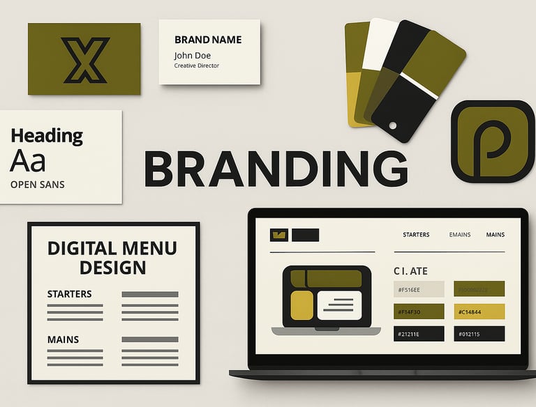 Branding design collage featuring logo mockups, digital menu layouts, business card designs