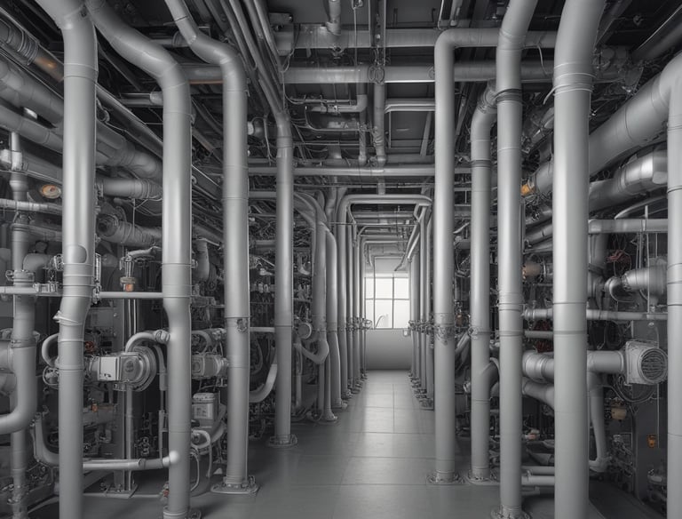 Complex MEP systems interconnected in a vivid BIM visualization.