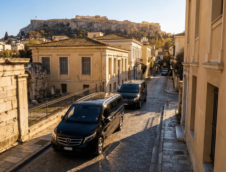 Two black Mercedes-Benz Vito minivans for private tours driving through historic Plaka district with the Acropolis in Athens