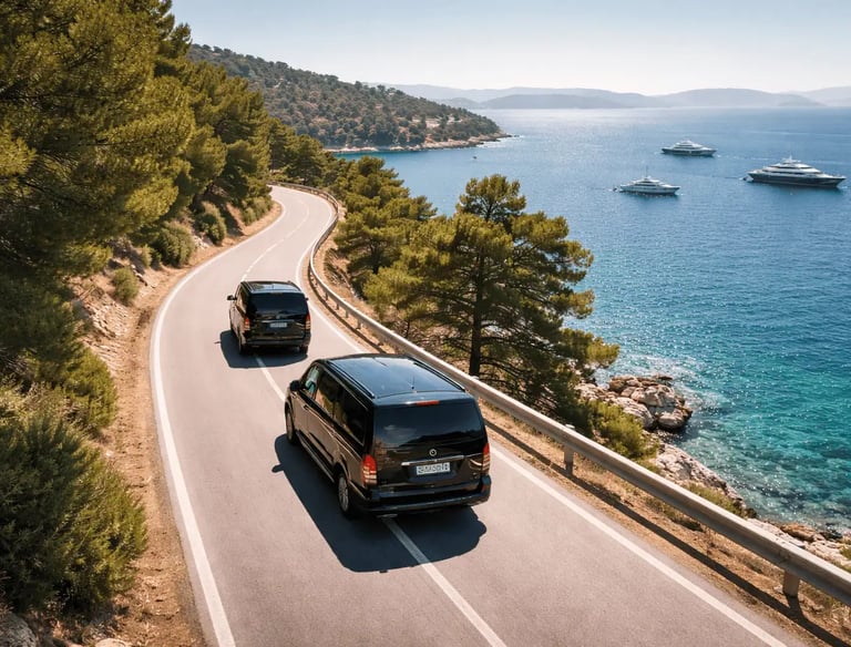 Two black Mercedes Vito minivans driving along the Athens Riviera coast with luxury yachts