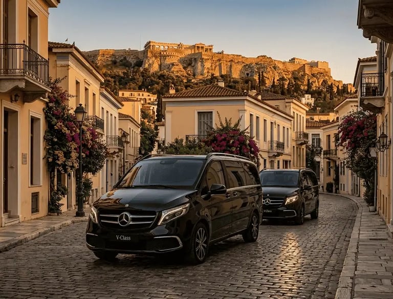 Luxury private Athens transfers: Two polished black Mercedes-Benz V-Class minivans in Plaka near Acropolis - Athens GO