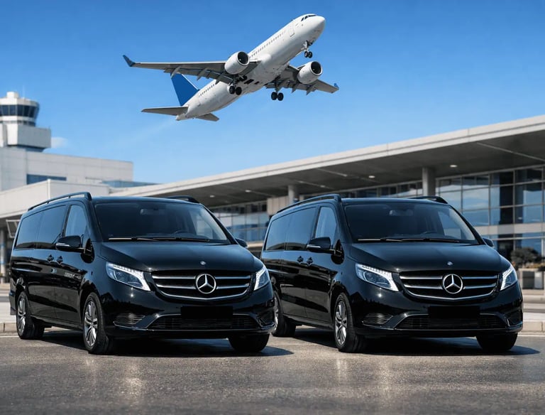 Mercedes-Benz Vito W447 VIP transfer at Athens International Airport with airplane takeoff background