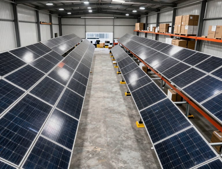 Boxes of solar panels ready for delivery in a warehouse.