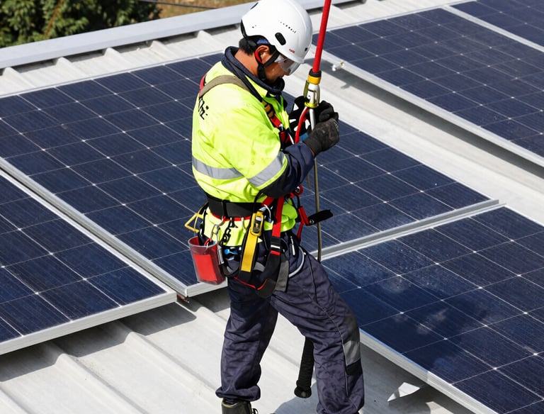 Technician inspecting solar panels on a sunny rooftop.