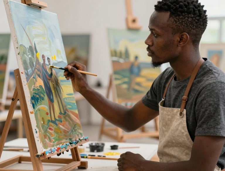 Artists collaborating in a bright studio filled with canvases and sculptures.