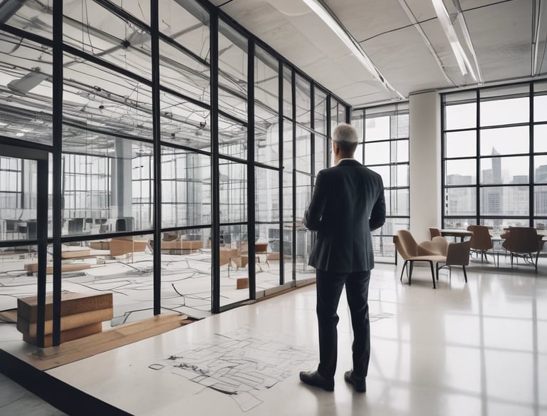Architectural blueprint and 3D model on a desk with tools.