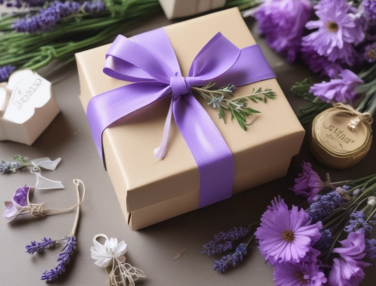 Beautifully wrapped gifts stacked neatly with ribbons and tags ready to send.