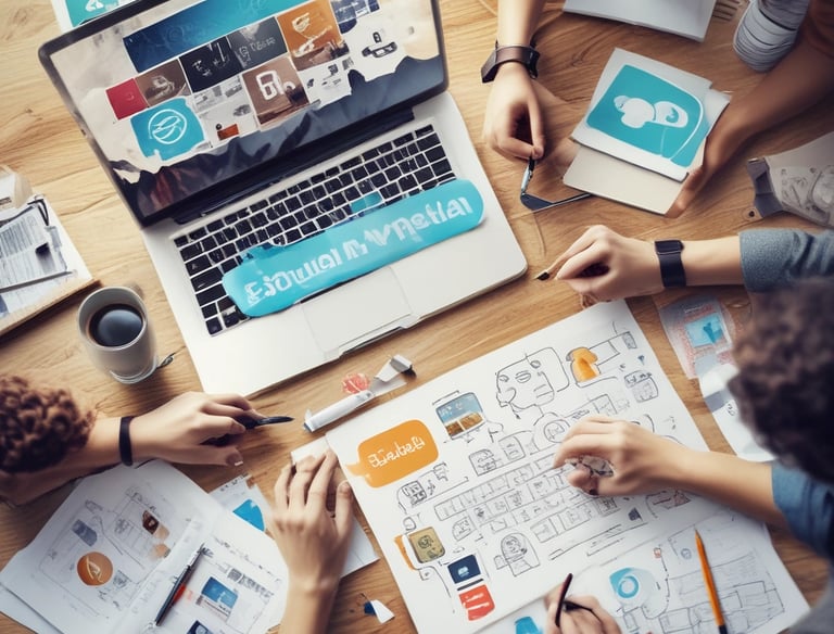 A creative workspace with a laptop, camera, and colorful social media posts being designed.