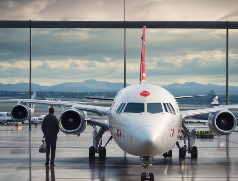 A passenger watches a white commercial airplane parked on a wet airport runway under a cloudy sky.