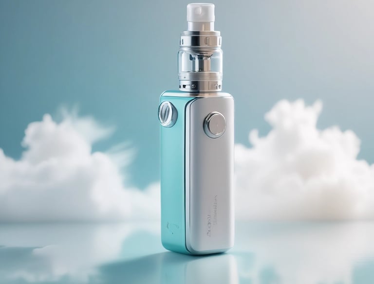 Close-up of sleek vape devices with soft smoke swirling around on a light sky-blue background.