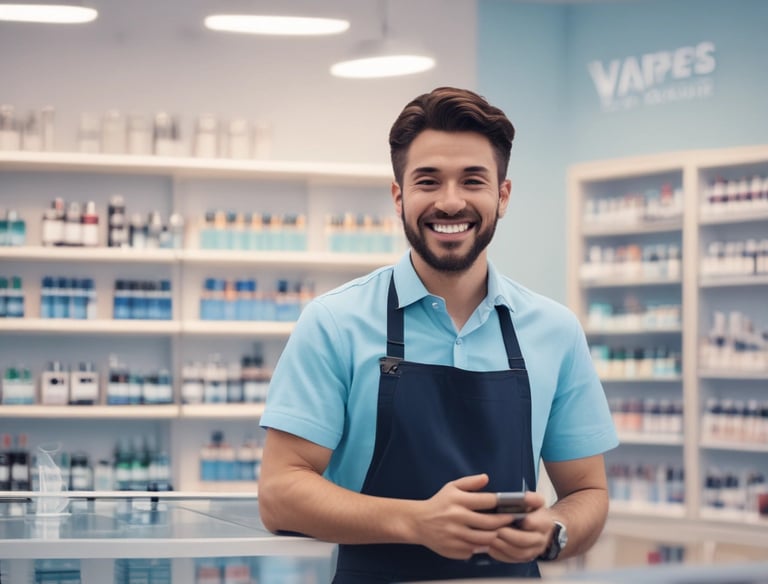 Friendly staff member assisting a customer inside the bright, airy Cloud Vapes store.