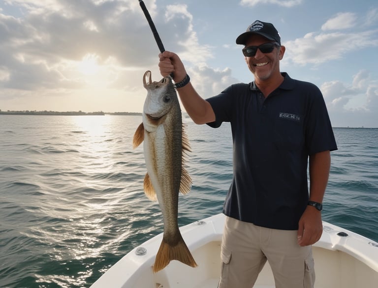 A guide and angler wading in crystal-clear shallow waters, casting for permit.