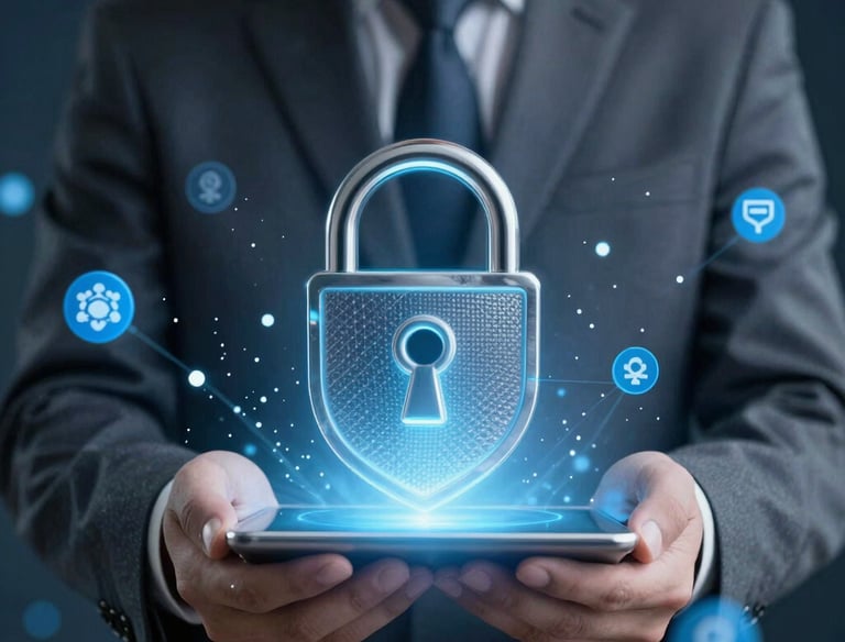 Technician monitoring cloud servers with digital security overlays in a high-tech environment.