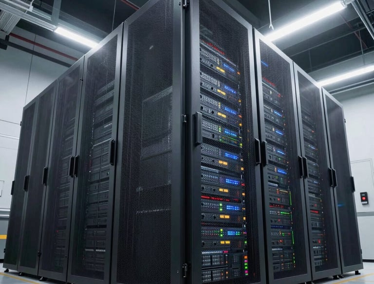 Modern cloud data center with glowing blue server racks symbolizing scalability.