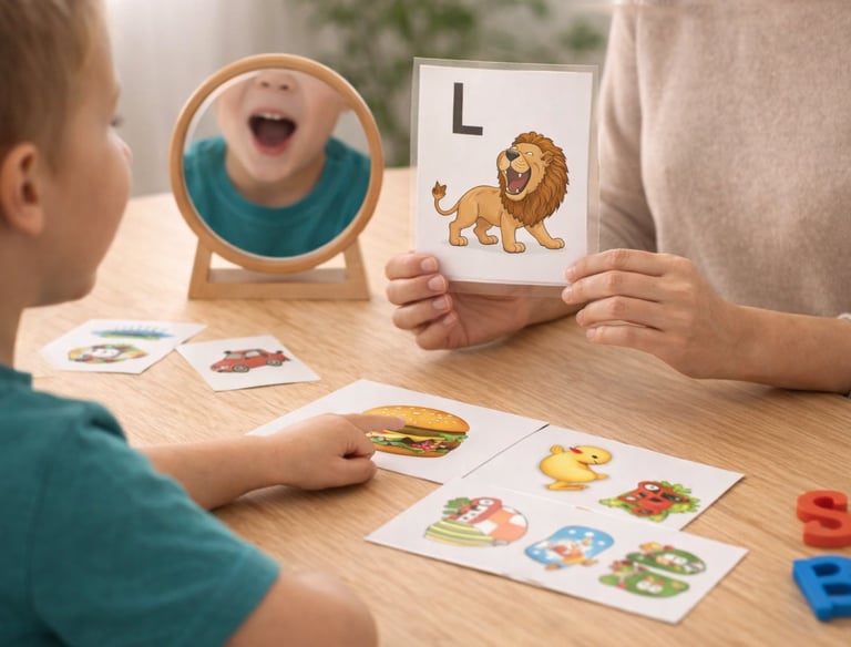 A young boy in a speech therapy session using alphabet flashcards and a mirror to practice phonics