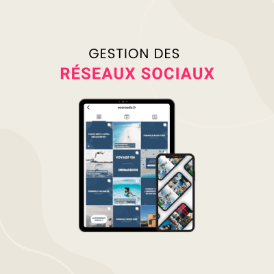Social media management display featuring an Instagram feed on a tablet and smartphone mockup.