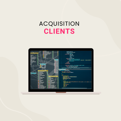 Laptop displaying client acquisition software code and data network for business growth.