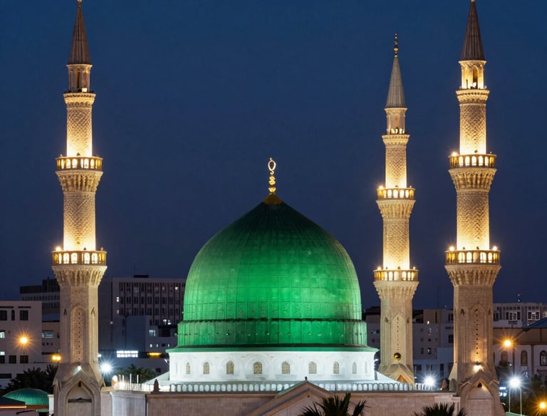 A serene early morning view of the Kaaba surrounded by pilgrims in white robes.