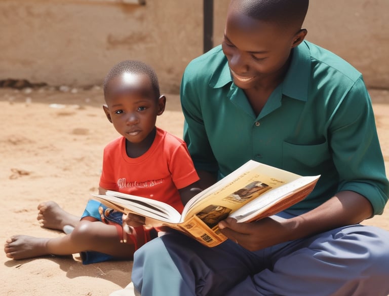 A caregiver gently reading a storybook to a group of attentive children.
