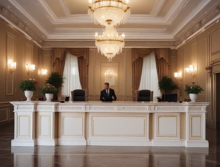 An elegant concierge team member coordinating luxury arrangements in a stylish office with dark theme and bronze highlights.