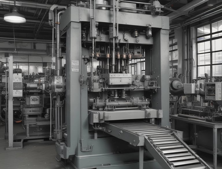 Close-up of a metal press machine shaping copper strips in a factory setting.