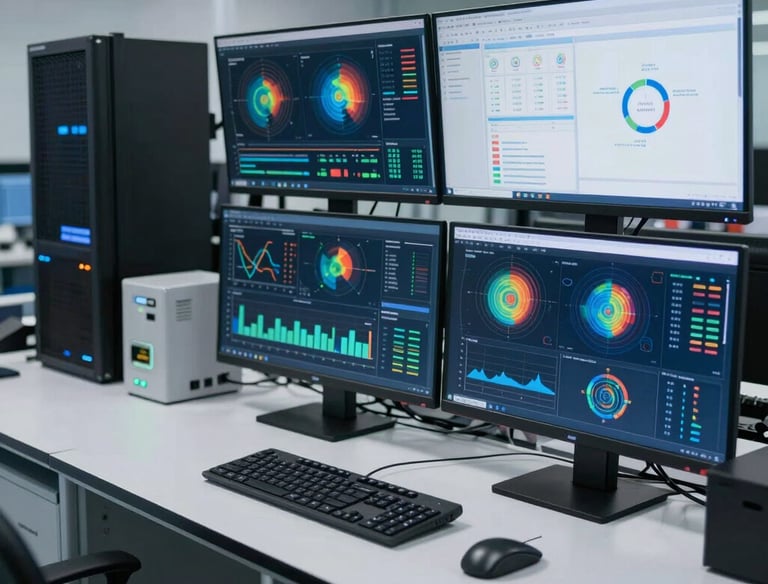 Abstract depiction of data analytics with charts and connecting dots in cool indigo and purple tones.