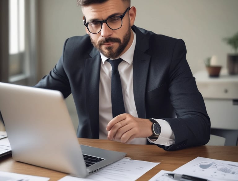Businessperson negotiating deals over a laptop with charts and contracts.