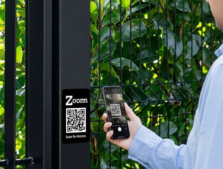 A person scans a Zoomm QR code on a black metal gate with a smartphone for secure entry access.