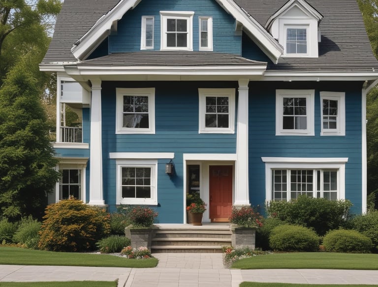 A painter carefully applying a fresh coat of vibrant blue paint to an exterior wall.