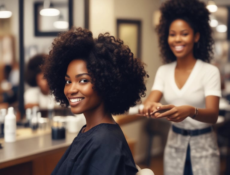Image of a friendly female hairstylist with long hair holding scissors and comb.