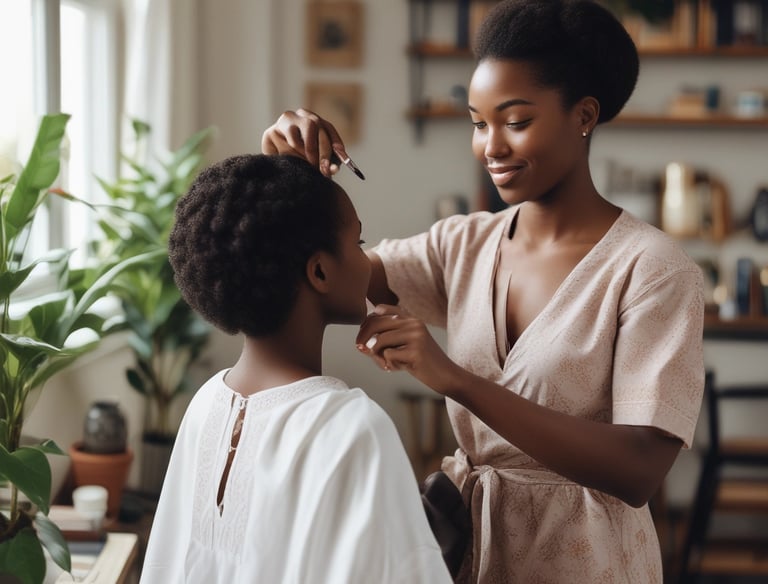 Photo of a professional hairdresser styling a client’s hair in a bright salon.