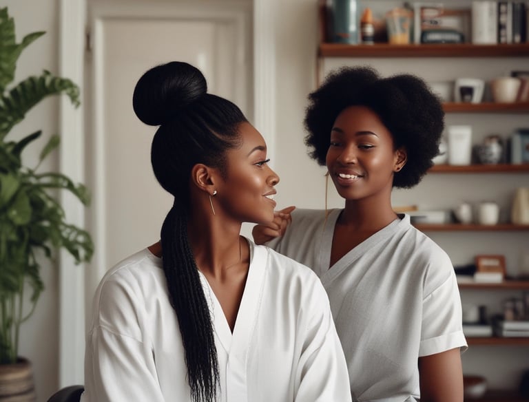 Image of a friendly female hairstylist with long hair holding scissors and comb.