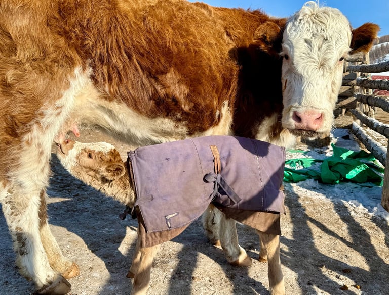 A young calf nursing from its mother