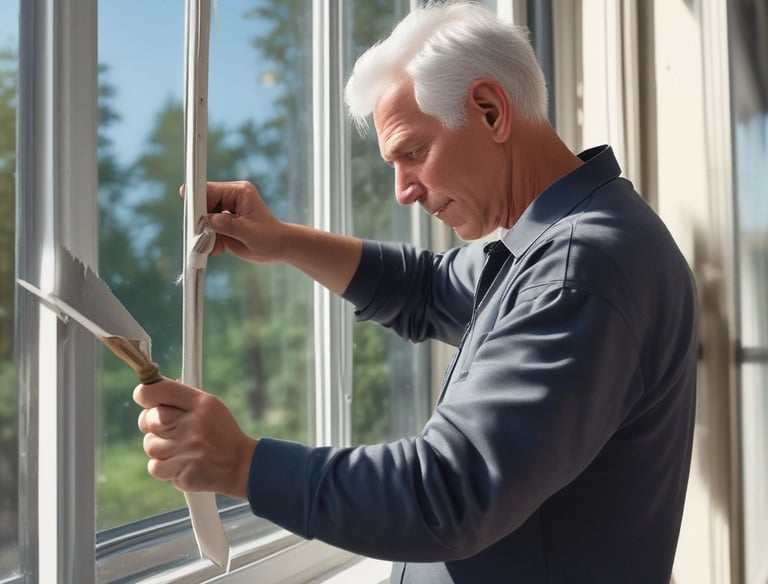 A smiling artisan cleaning a residential window with care in a sunny home.