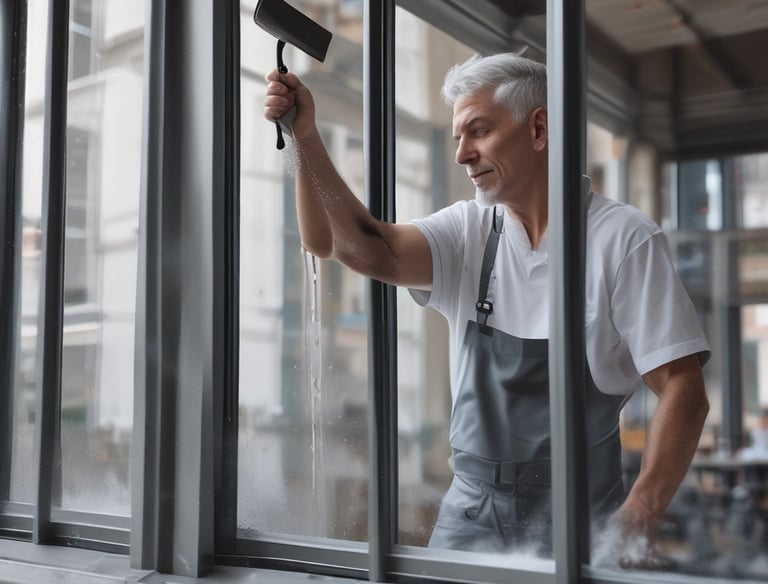 A professional window cleaner using a squeegee on a large commercial building window.
