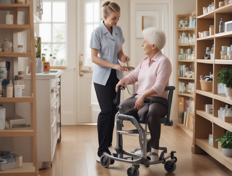 A caregiver gently assisting an elderly woman with grooming in a cozy home setting.