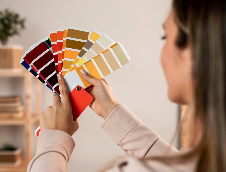 A woman holding a colorful paint swatch palette for interior design and home improvement planning.