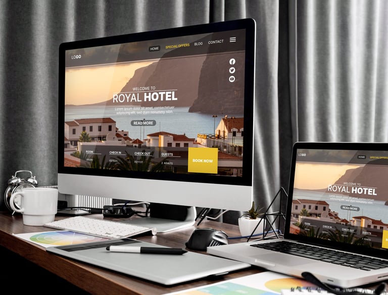 Responsive hotel website design displayed on a desktop monitor and laptop on a creative office desk.