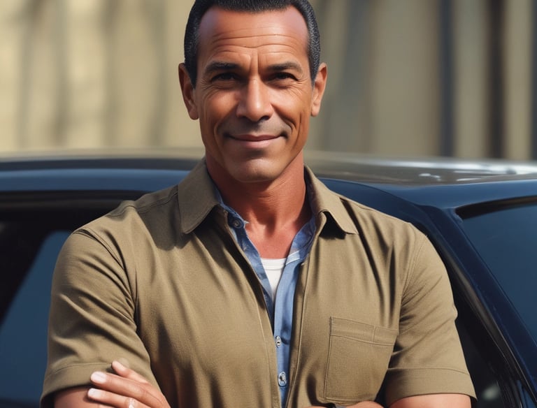 Professional driver smiling, wearing a uniform with the via udi logo, ready to assist.