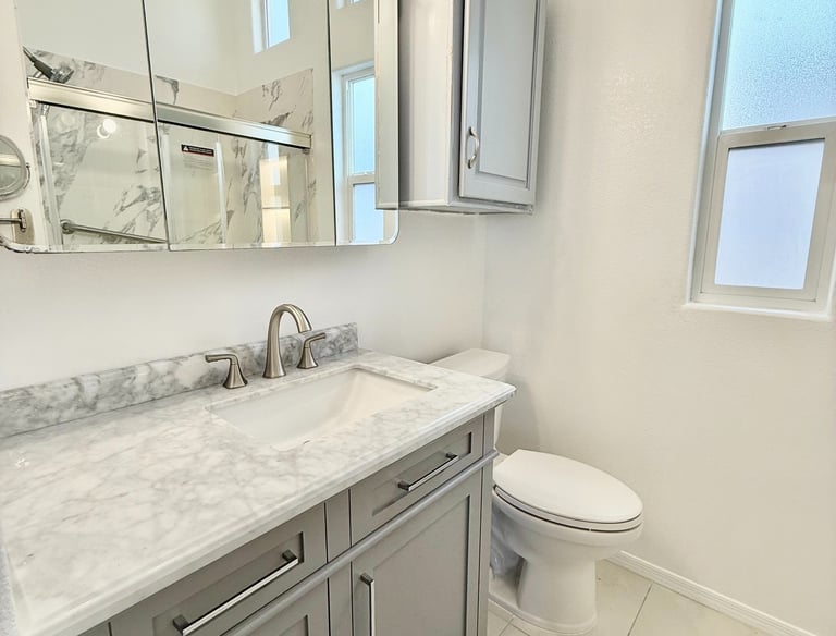Modern bathroom renovation featuring a grey vanity with marble countertop, mirrored medicine cabinet, and white toilet
