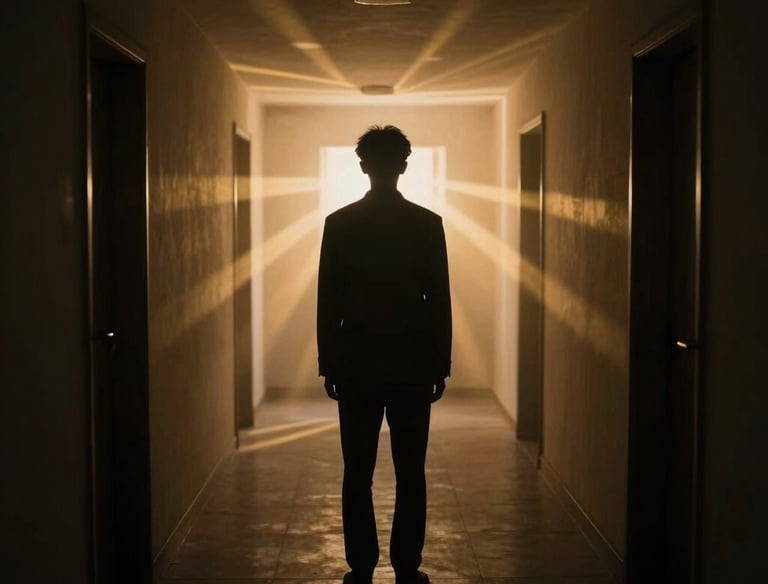 A calm figure standing at a crossroads illuminated by soft ivory light.